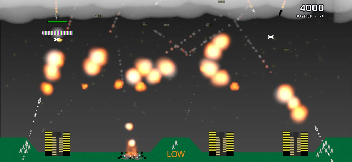 The classic at night: a sky full of interceptor blasts over the cities, a UFO overhead