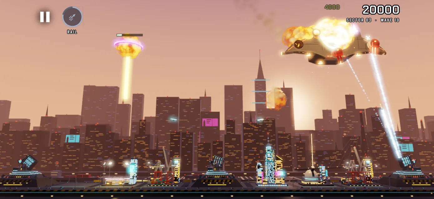 The Gunship over Midtown at dusk, its guns firing, the sun low behind the skyline