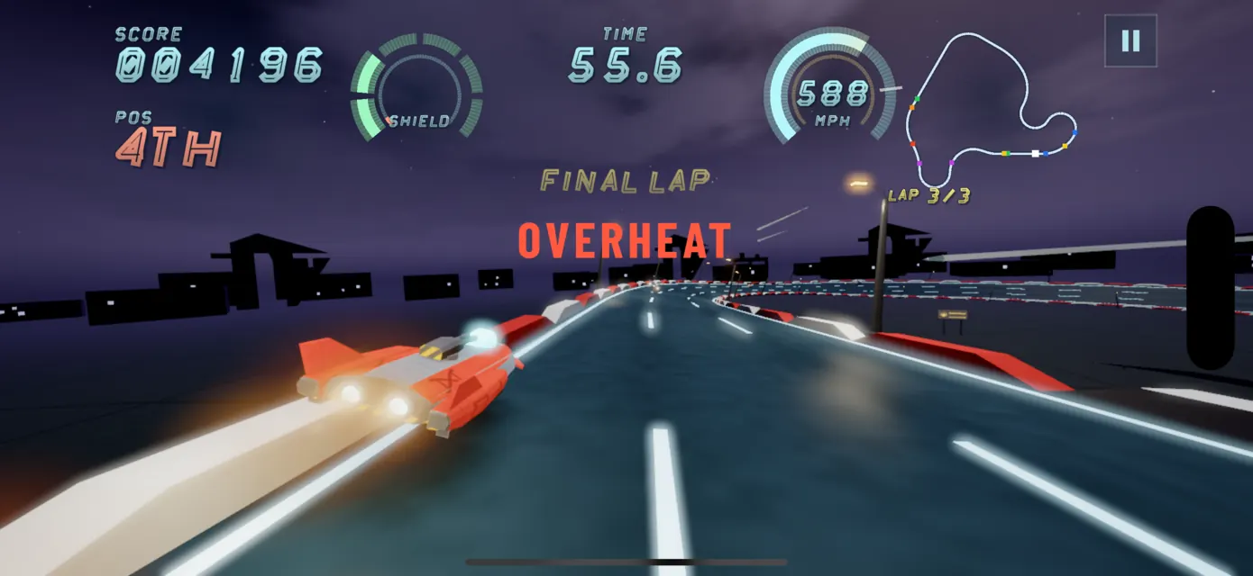Racing at 588 miles an hour on the final lap at dusk, fourth place, with OVERHEAT flashing