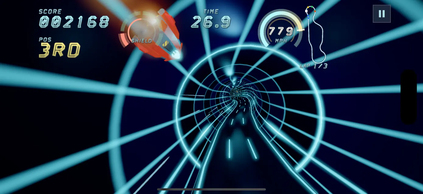 Inside a lit tunnel on Nox at 779 miles an hour, second place, neon streaking past