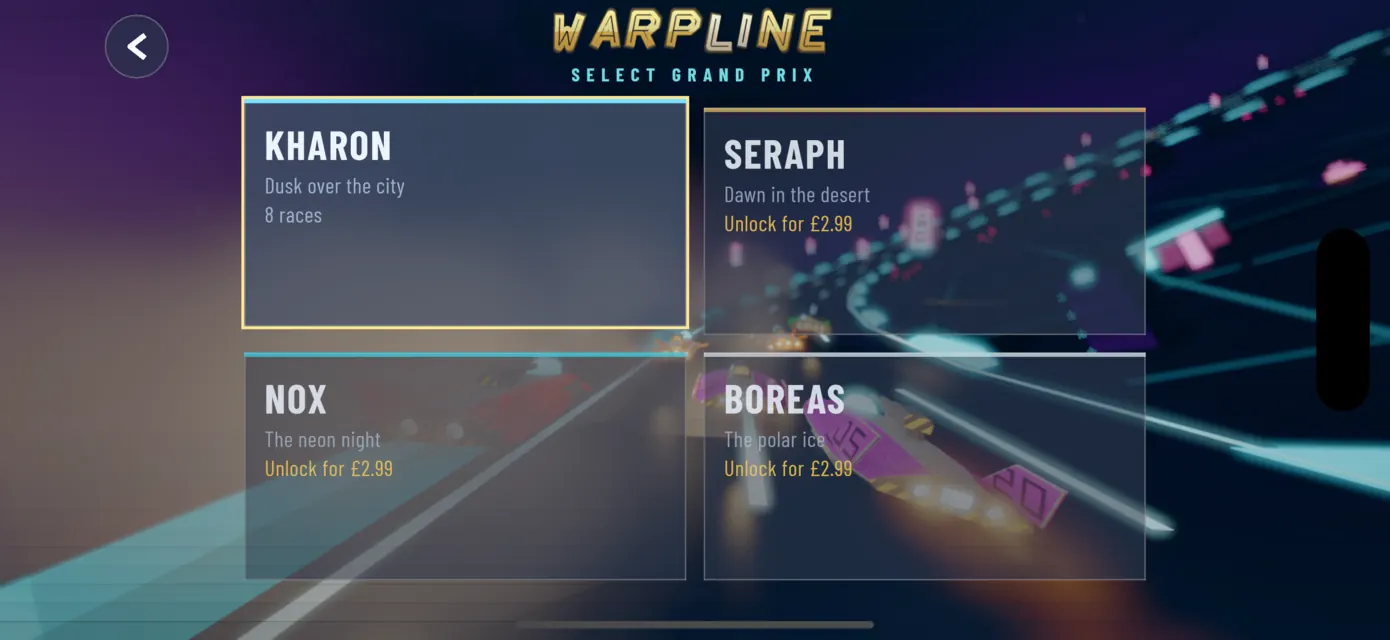 The world select screen showing Kharon, Seraph, Nox and Boreas