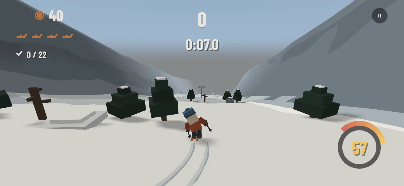 Skiing down the piste past snow covered pines with the speed dial reading 57